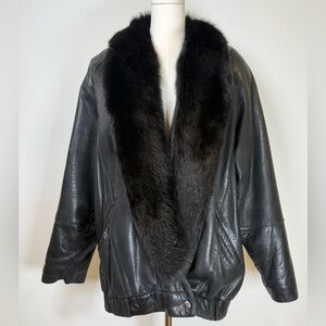 Vintage 1980’s Andrew Marc Black Leather Coat With Fur Collar Womens Size Large